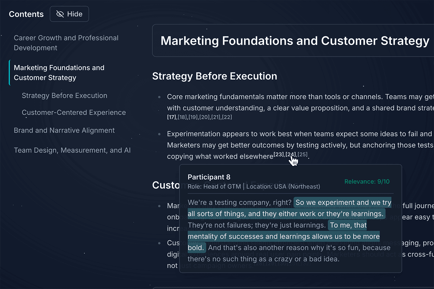 Listening: analyst chatbot answering a question with a hover citation linking back to the source interview moment.